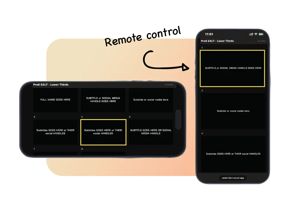 The lower-third panel open on a laptop and on a phone, the same card selected on both